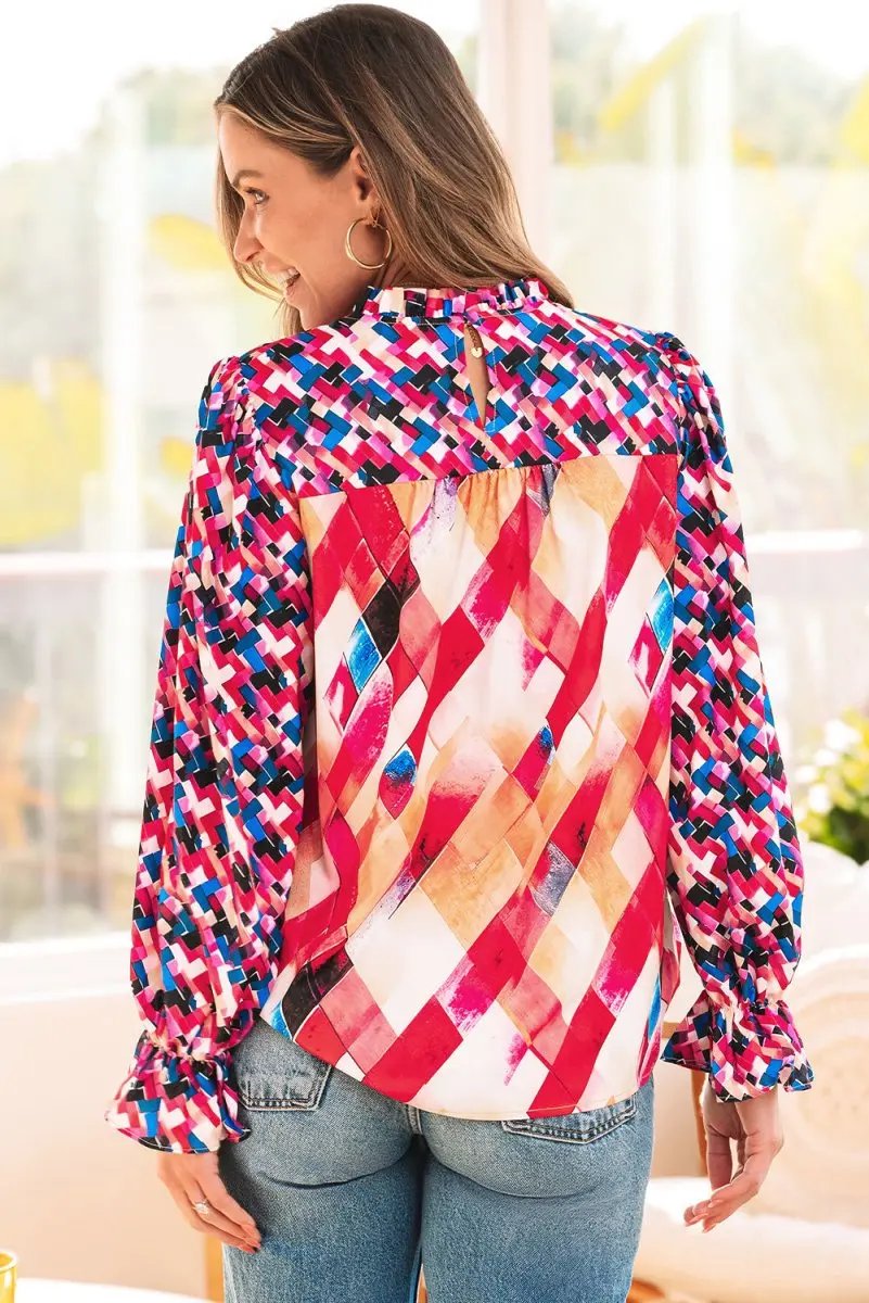 Rose Red Abstract Geometric Pattern Patchwork Puff Sleeve Blouse - Love Salve